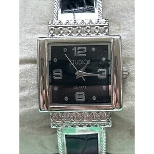 Studio Time Silver Tone Black Dial Women’s Cuff Watch